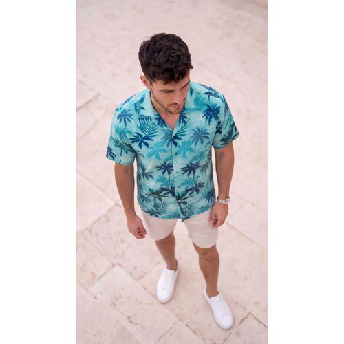 Erkek Palmiye Desenli Yarım Oversize Kısa Kollu Hawai Gömlek