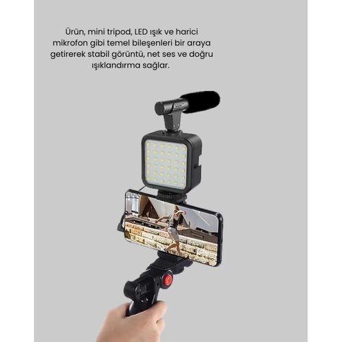 Profesyonel Vlog Çekim Kiti Led Işıklı Tripod Mikrofonlu Telefon Seti