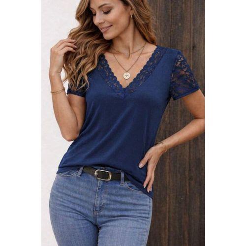 Kadın Kısa Kollu V Yakalı Dantelli Viskon Bluz