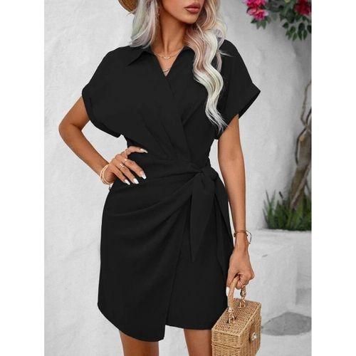 Kadın Kısa Kollu Yakalı Yandan Bağlamalı Dokuma Elbise