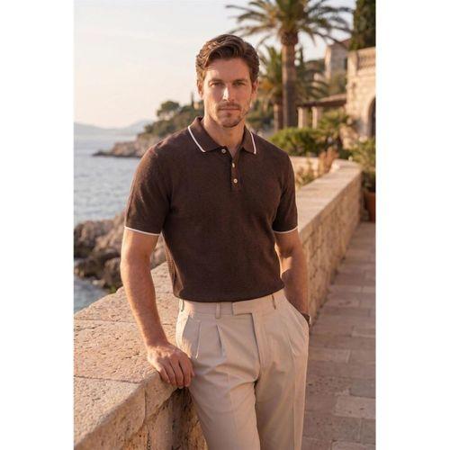Balzac Yakası Şeritli Düğmeli Polo Yaka Basic Günlük Petek Örgü Triko Erkek T-Shirt - Kahve