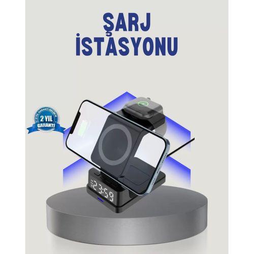 Kablosuz Şarj Cihazı Ve Dijital Saat – 4’ü 1 Arada Hızlı Şarj, Apple Uyumlu, Led Işıklı Tasarım
