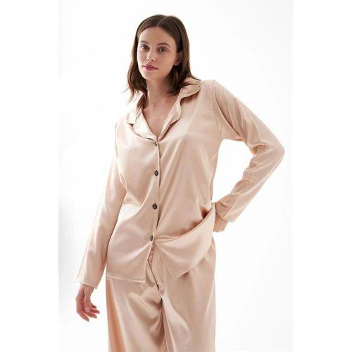Kadın Bej Oversize Saten Pijama Takımı – Rahat Kesim Şık Ev Giyim Seti