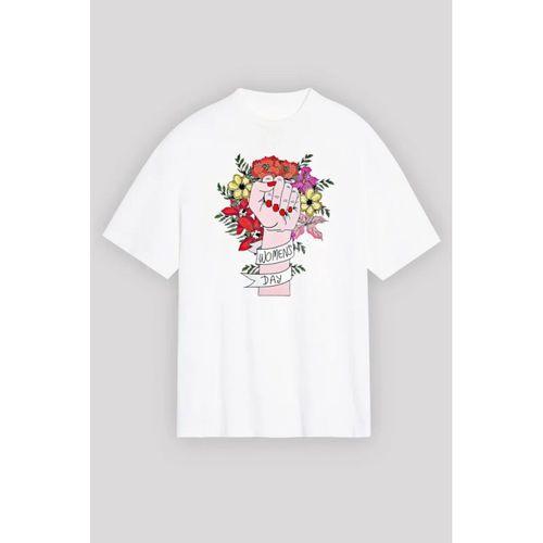 8 Mart Dünya Kadınlar Günü Baskılı Oversize Bisiklet Yaka T-shirt - Beyaz