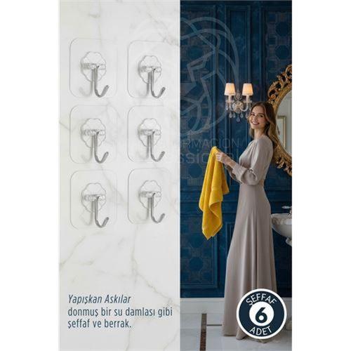 6 lı Şeffaf Yapışkanlı Askı, Mutfak Banyo Duvar Askısı, Çivisiz Pratik Kanca Seti