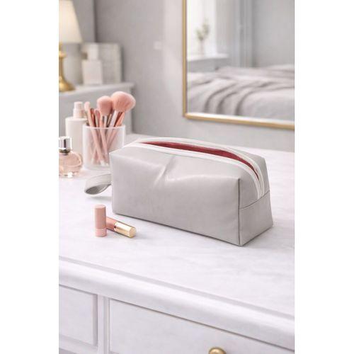 Deri Makyaj Kozmetik Çantası Seyahat Tipi Çanta Organizer Gri