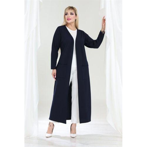Melsay Butik Büyük Beden Lacivert Dokulu Örme Kumaş Uzun Kadın Hırka