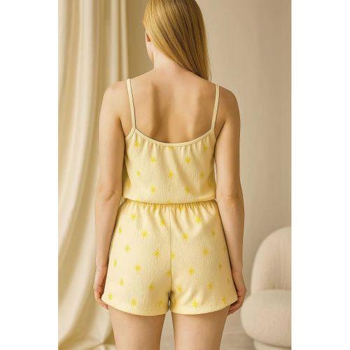 Sarı Üstüne Desenli Askılı Şortlu Pijama Takımı