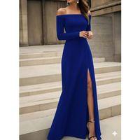 Kadın Uzun Kollu Madonna Yakalı Yırtmaç Detaylı Uzun Ithal Krep Elbise