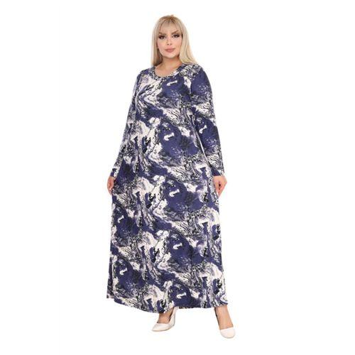 Melsay Butik Yumoş Kumaş Mavi Batik Desen Uzun Kollu Kadın Tesettür Elbise