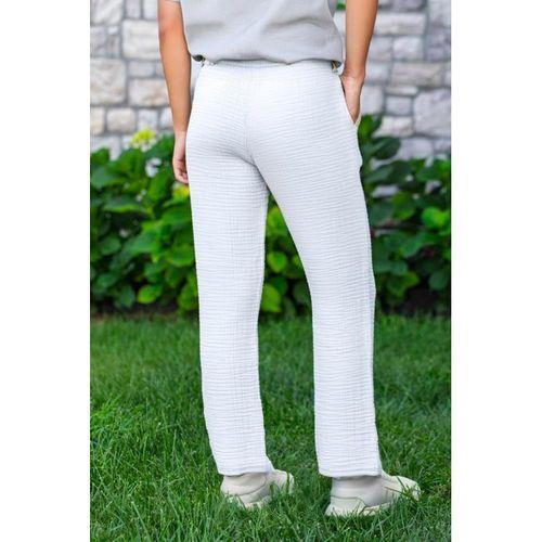 Beli Lastikli Multi Çift Cepli Müslin Kadın/Erkek Unisex Yazlık Pantolon Beyaz Byz
