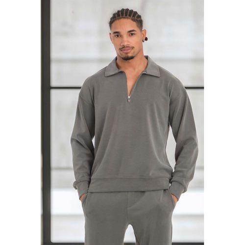 Scuba Modal Kumaş Relaxed Fit Yarım Fermuarlı Polo Yaka Erkek Sweatshirt - Füme