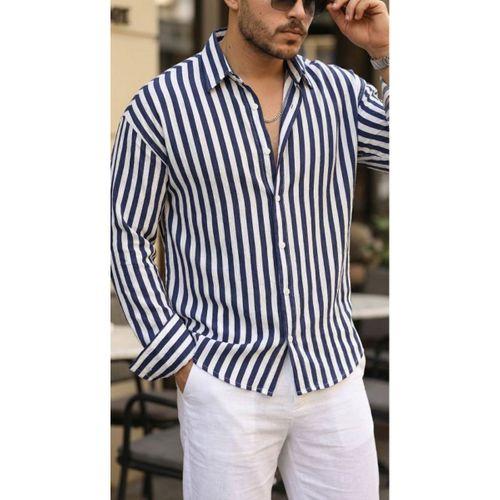 Erkek Dikey Çizgili Yarım Oversize Gömlek