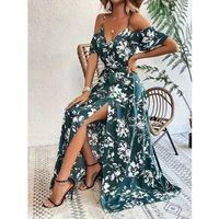 Kadın Ip Askılı Kısa Kollu Kruvaze Yakalı Yırtmaçlı Desenli Süprem Elbise