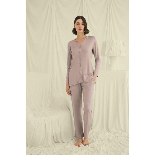 Uzun Kollu Düğmeli V Yaka Pijama Takımı