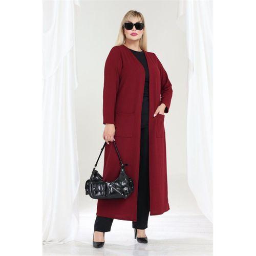 Melsay Butik Büyük Beden Bordo Dokulu Örme Kumaş Uzun Kadın Hırka
