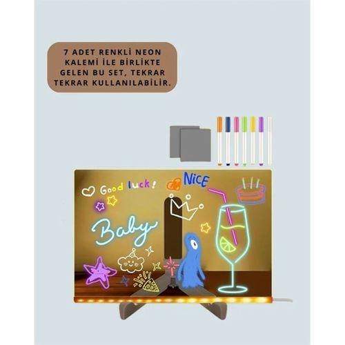 Led Işıklı Şeffaf Yazı Tahtası – Neon Etkili Akrilik Pano, Silinebilir, 7 Renkli Kalemli, 30x20 Cm