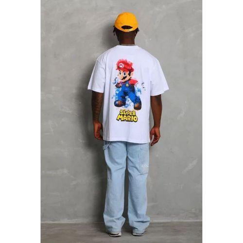 Unisex Oversize Baskılı Bisiklet Yaka T-Shirt - Beyaz