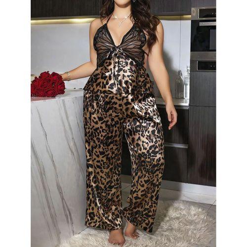 Özel Tasarım Büyük Beden Leopar Desenli İnce Askılı 2'li Saten Pijama Takımı