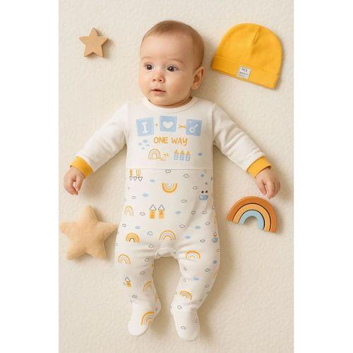 Araba Desenli Sarı 2'li Şapkalı Erkek Bebek Tulumu