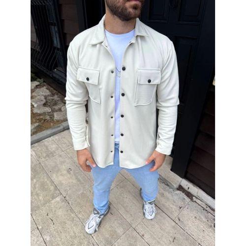 Erkek Diagonal Kumaş Cepli Çıtçıtlı Uzun Kollu, Gömlek Oversize Rahat Kalıp Günlük Şık Stil - Beyaz