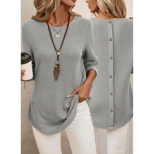 Kadın Uzun Kollu Yuvarlak Yaka Arkadan Düğmeli Waffle Bluz