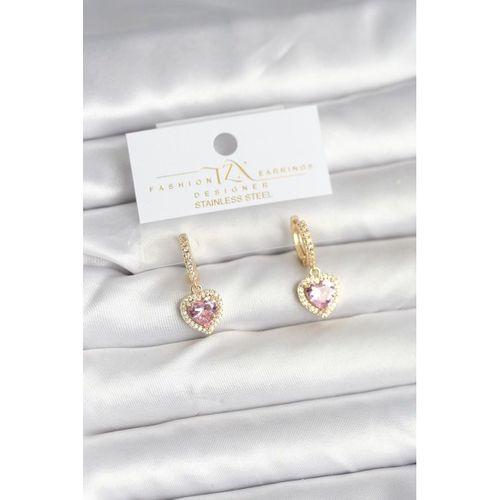 Pirinç Gold Pembe Renk Zirkon Taşlı Kalp Model Kadın Küpe