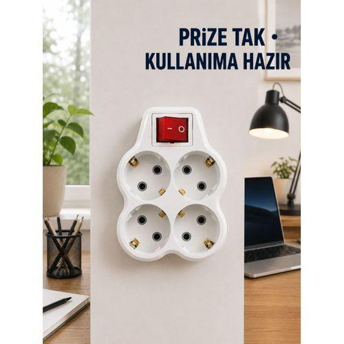 Anahtarlı 4’lü Priz Adaptörü Direkt Prize Takılan Kompakt Priz Çoklayıcı