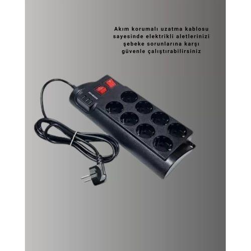 Güçlü Termal Korumalı 8 Priz + 3 Usb Çoklu Uzatma Kablosu 2m