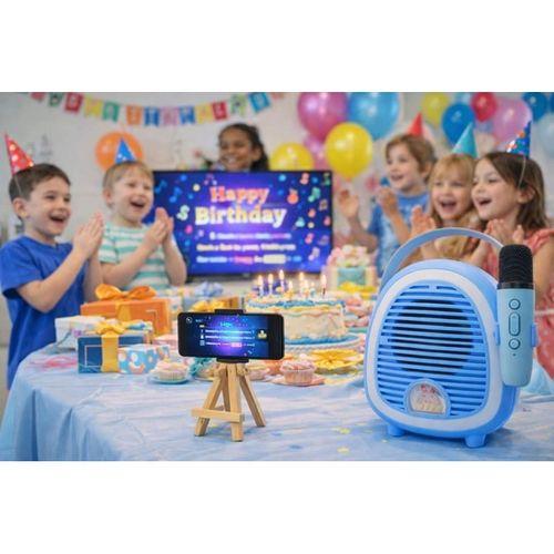 Çocuklara Özel Retro Tasarımlı Bluetooth Karaoke Mikrofon Ve Ahşap Tripodlu – Mavi