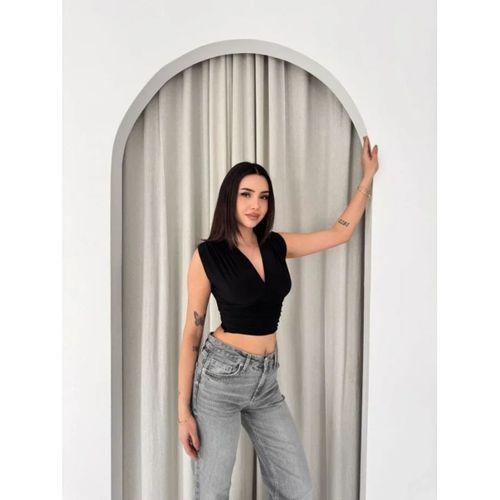 Vatkalı Kolsuz V Yaka Drapeli Crop Bluz Likralı Fit - Siyah
