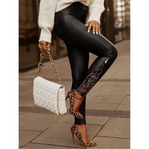 Kadın Yüksek Bel Yandan Yırtmaçlı Dantel Detaylı Deri Tayt