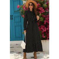 Kadın Uzun Kollu Yakası Bağcıklı Uzun Puantiyeli Krep Maxi Elbise