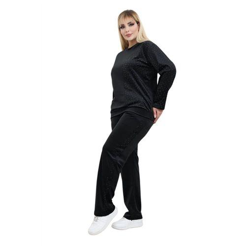 Melsay Butik Parlak Kadife Siyah Yarım Garni Taşlı Kadın Eşofman Takımı