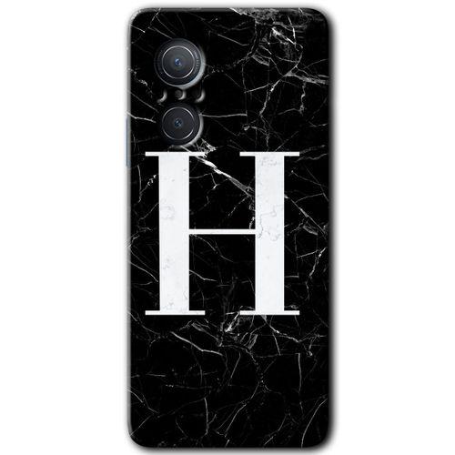 Huawei Nova 9 SE Kılıf HD Desen Baskılı Arka Kapak+Temperli Cam - Siyah Mermer Desenli H Harfi