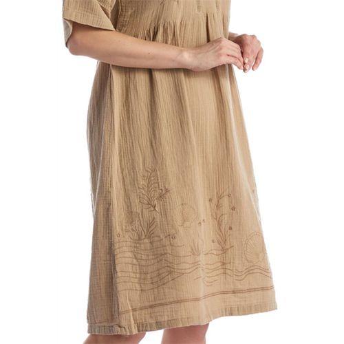 Kısa Kol Vizon V Yaka Nakışlı Midi Boy Müslin Yazlık Elbise