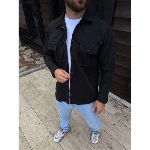 Erkek Diagonal Kumaş Cepli Çıtçıtlı Uzun Kollu, Gömlek Oversize Rahat Kalıp Günlük Şık Stil - Siyah