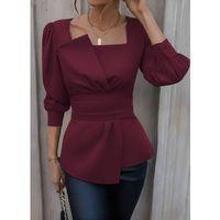 Kadın Uzun Kollu Geometrik Yakalı Belden Oturmalı Ithal Krep Bluz