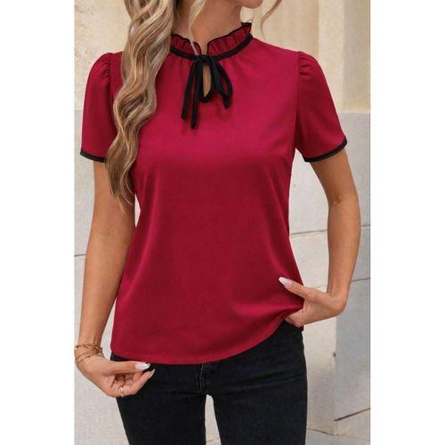 Kadın Kısa Kollu Yakası Fırfırlı Bağcıklı Janjan Krep Bluz