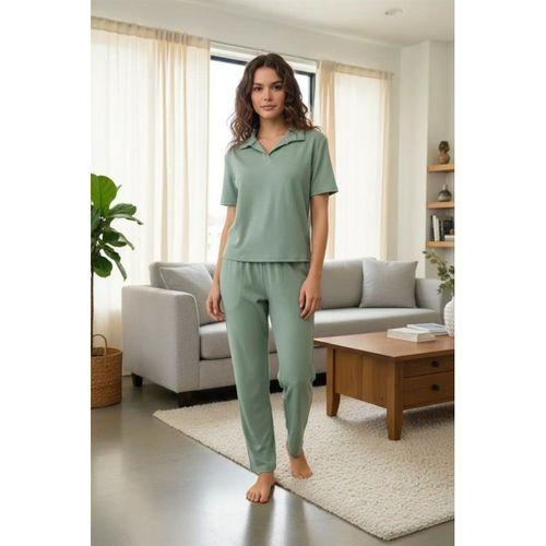 Özel Tasarım Kadın Yeşil Polo Yaka Pijama Takımı %100 Pamuk