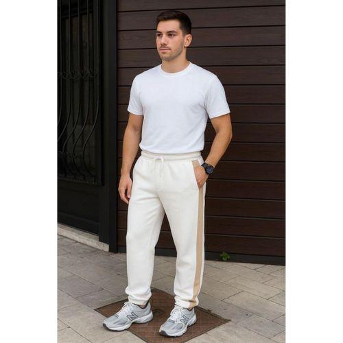 Erkek Üç İplik Kışlık Pamuklu Yandan Garneli Kalın Bej Şeritli Cepli Eşofman Altı - Beyaz