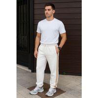 Erkek Üç İplik Kışlık Pamuklu Yandan Garneli Kalın Bej Şeritli Cepli Eşofman Altı - Beyaz