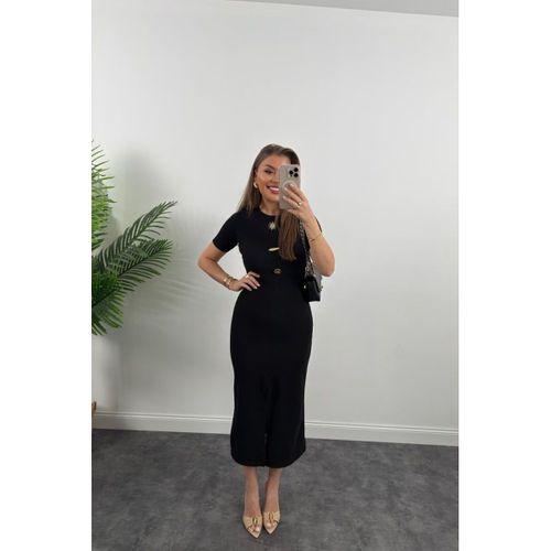 Kadın Ottoman Kumaş Likralı Düğme Tasarımlı Kısa Kol Kalem Elbise