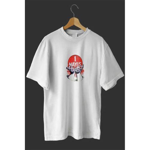 1 Mayıs Emek Ve Dayanışma Günü Baskılı Oversize Bisiklet Yaka T-shirt - Beyaz