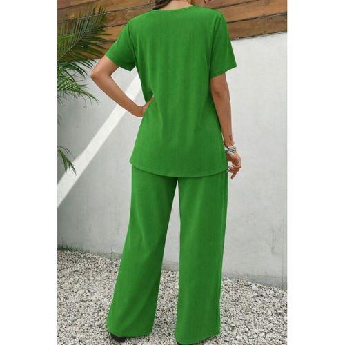 Kadın Kısa Kollu Bisiklet Yaka Asimetrik Kesim Detaylı Bürümcük Bluz Ve Pantolon Ikili Takım