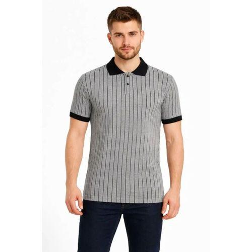 Erkek Polo Yaka Çizgili Tişört Kısa Kol Düğmeli Yazlık T-Shirt - Gri