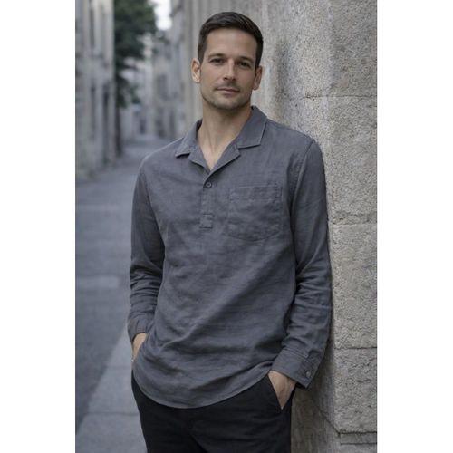 Sartre Apaş Yaka Tek Cepli İnce Modal Kumaş Uzun Kollu Yazlık Gömlek - Füme