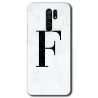 MRCİLETİSİM Xiaomi Redmi 9 Kılıf Baskılı Kapak - Beyaz Mermer Desenli F Harfi + 5D Tam Kaplayan Cam