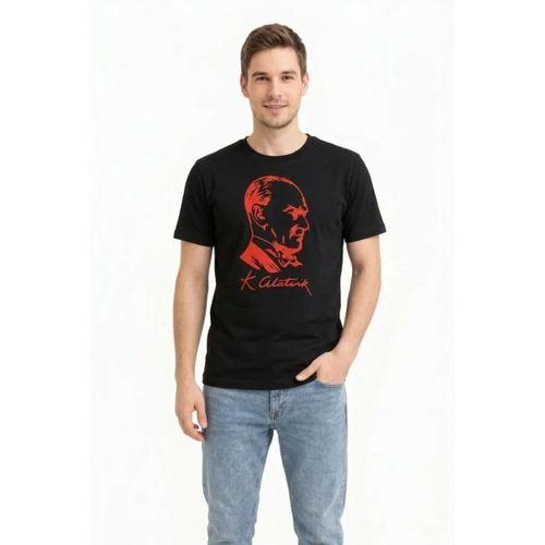 Erkek Atatürk Baskılı Tişört Kısa Kollu Bisiklet Yaka T-Shirt - Siyah
