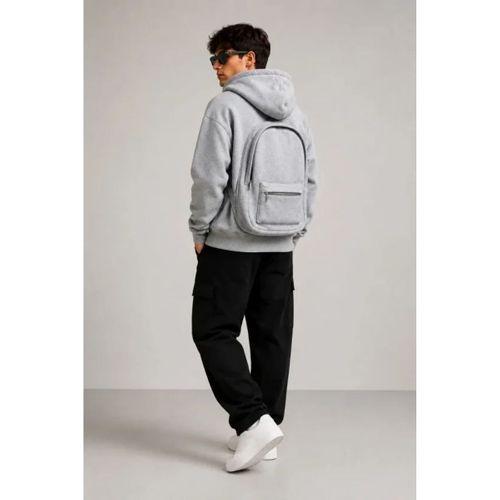 Erkek 3 İplik Şardonlu Tam Fermuarlı Kapüşonlu Arka Çanta Detaylı Sweatshirt - Gri